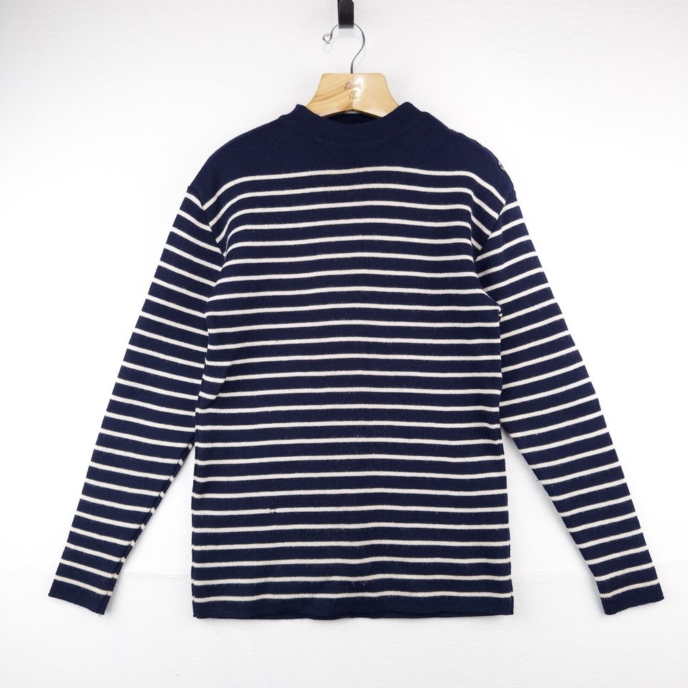 70's Saint James Wool Sweater Bretone Stripe Button Shoulder Made France Blue M